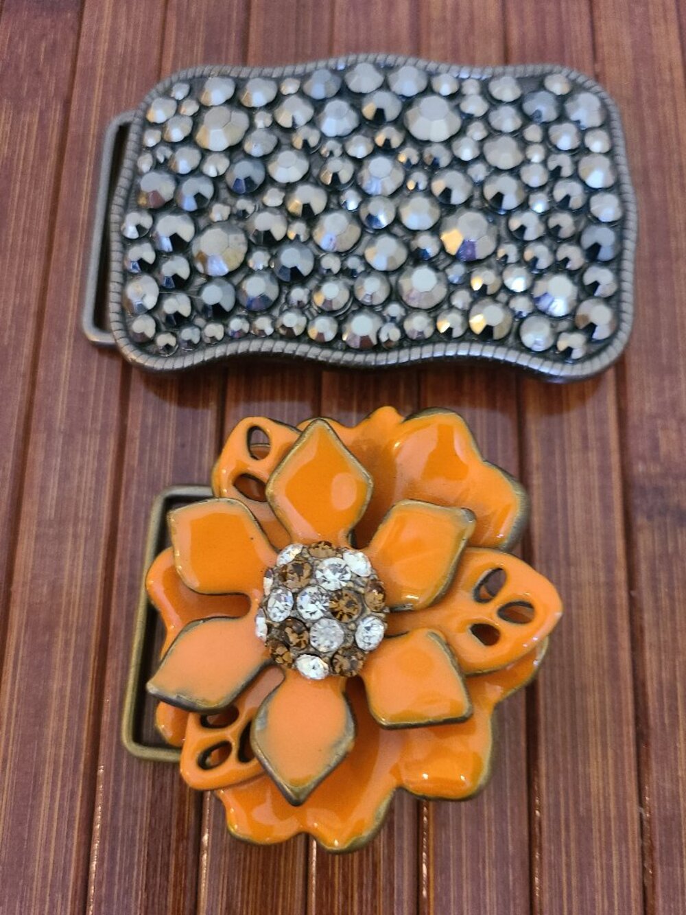 Two Rhinestone Belt Buckles - Flower & Rectangle